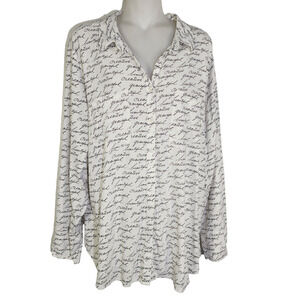 Chicos Womens Shirt Button Up Long Sleeve White Black Graphic Script US 16/18